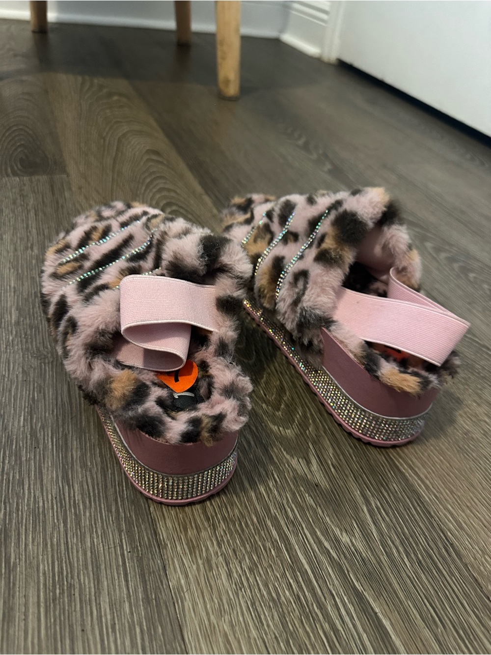 Pink Leopard Faux-Fur Ruffled Slide Sandals with Rhinestone Straps - Picture 3 of 9